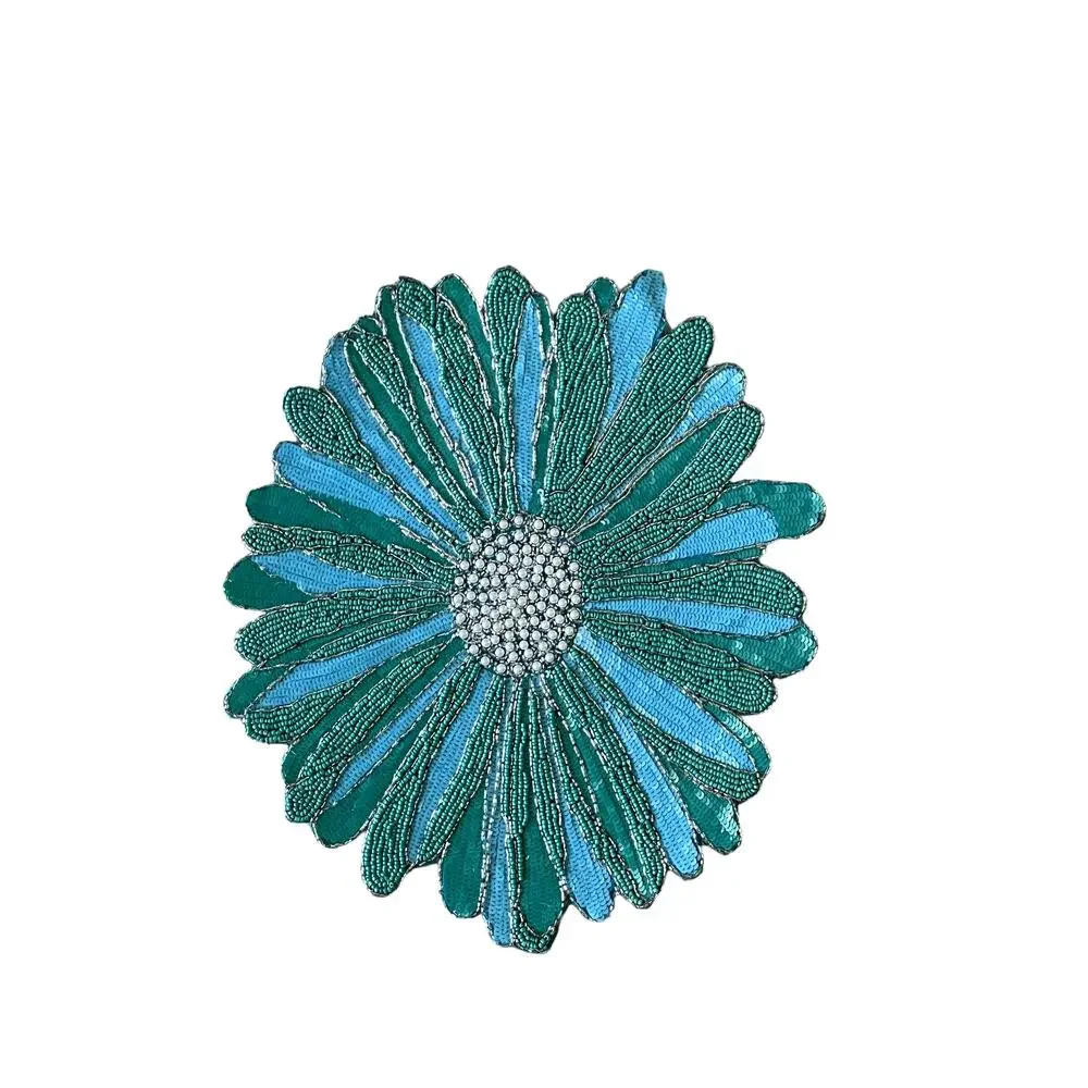 TAHARI HOME Glass Hand Beaded Charger Placemat 15in Blue Green Silver Floral NEW